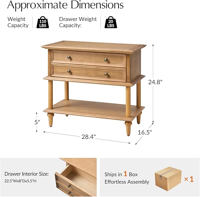 HULALA HOME Farmhouse Nightstand with Drawer & Open Shelf, Natural Wood End Table with Solid Wood Legs, 28.4'' Wide Sofa Side Table with Charging Station(Oak) - Image 2