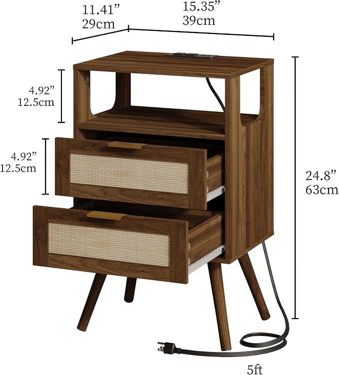 JOONEE Rattan Nightstand with Charging Station,Farmhouse Bedside Table with 2 Storage Drawer and Open Wood Shelf, for Bedroom and Small Spaces,Night Stand with Solid Wood Legs (Walnut Brown-Outlet) - Image 2