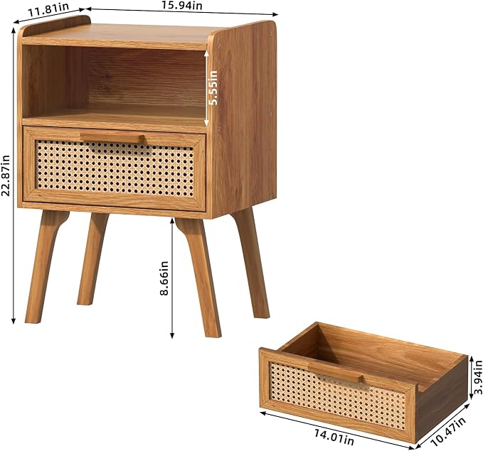 Lerliuo Rattan Nightstand, Side Table with Drawer Open Shelf, Cane Accent Bedside End Table with Solid Wood Legs, Mid Century Modern Night Stand for Bedroom, Dorm and Small Spaces (Tea Brown) - Image 3