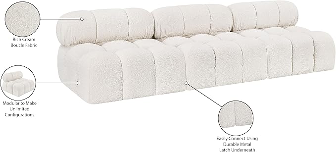 Meridian Furniture 611Cream-S102B Ames Collection Modern | Contemporary Modular Sofa with Rich Cream Boucle Fabric, Modular to Create Infinite Configurations, 102" W x 34" D x 28" H, Cream
