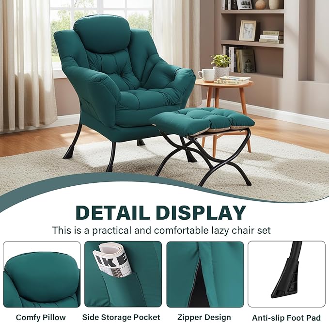Lazy Chair with Ottoman, Modern Accent Chair Contemporary Sofa Chair with Armrests, Reading Chair and Folding Footstool Set for Living Room, Bedroom, Office