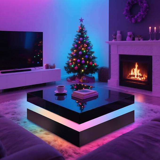 LED Coffee Table for Living Room, 2-Tier Modern Square Center Table with Music Sync Lights, High Gloss Surface, 30 3/4" x 30 3/4" (Black)