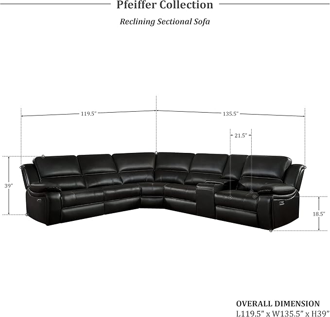 Lexicon Pfeiffer 6-Piece Modular Power Reclining Sectional Sofa, Dual-End Recliner, Dark Brown