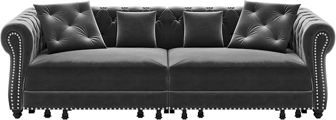 Eafurn 3 in 1 Oversized Chesterfield Loveseat Sofa Convertible Pull Out Sleeper Sofabed King Size Couch Bed w/Movable Ottoman and Nailhead Trim for Living Room Tufted Velvet Recliner Daybed Sofacama