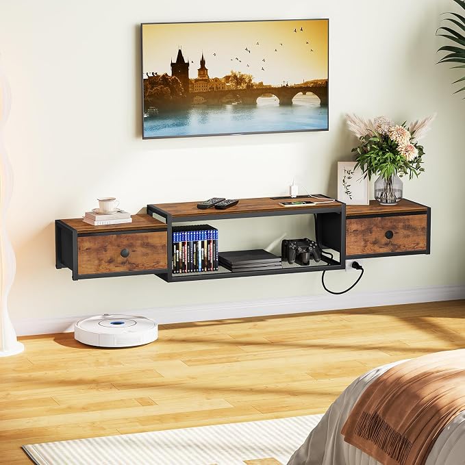 Snughome 63" Floating TV Stand with Power Outlets, Wall Mounted Entertainment Center with LED Lights, Floating TV Shelf with Drawer, Media Console Shelf for Living Room,for Under TV Storage, Bedroom - Image 4