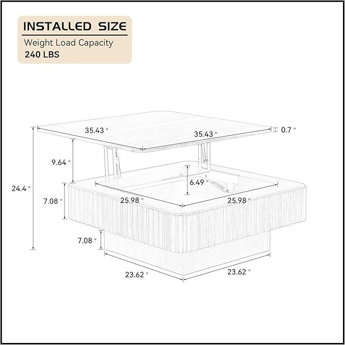 WILLIAMSPACE 35.43" Lift Top Coffee Table with Hidden Storage & Sturdy Base, Modern Luxury Square Wood Handcraft Drum Center Table Accent End Tea Table for Living Room, Minimalist Fluted Design-Walnut