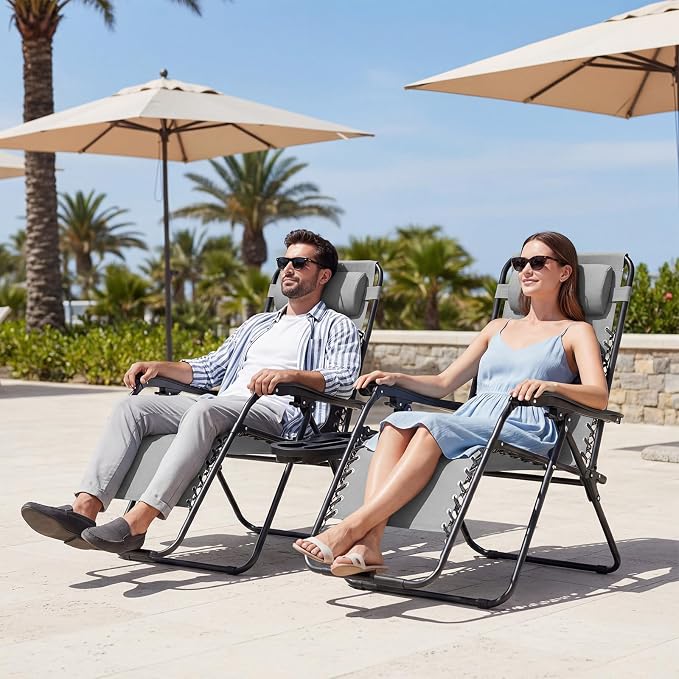 JEAREY Zero Gravity Lounge Chairs Set of 2, Adjustable Steel Mesh Recliners with Pillows and Cup Holder Trays for Patio, Garden, Beach, Light Grey - Image 2
