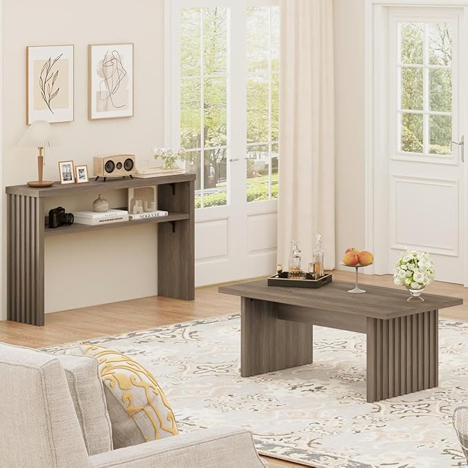 BON AUGURE Fluted Coffee Table, Wood Living Room Tables, Rectangle Coffee Tables for Living Room, Center Table for Home, Office (Greige Oak, 43Inch)