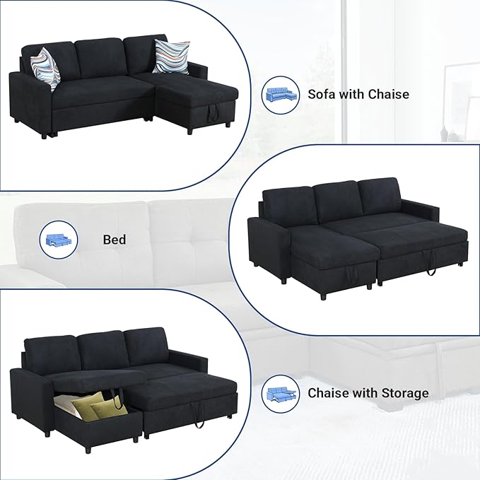 Rovibek 83" Convertible Sofa Bed Couch with Storage - 4 in 1 L Shaped Sofa with Pull Out Couch Bed for Living Room, Apartment, Office, Small Spaces, Jet Black