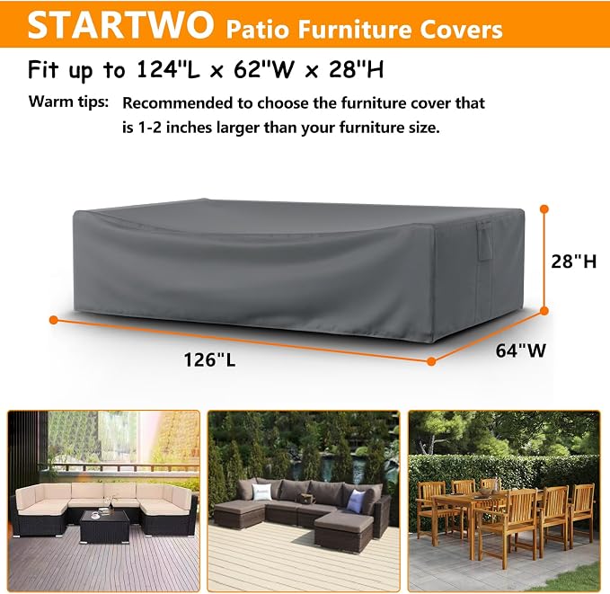 STARTWO Patio Furniture Covers, Waterproof Heavy Duty Outdoor Furniture Cover for Table Chairs and Sectional Sofa Set,126x64x28in,Gray - Image 2