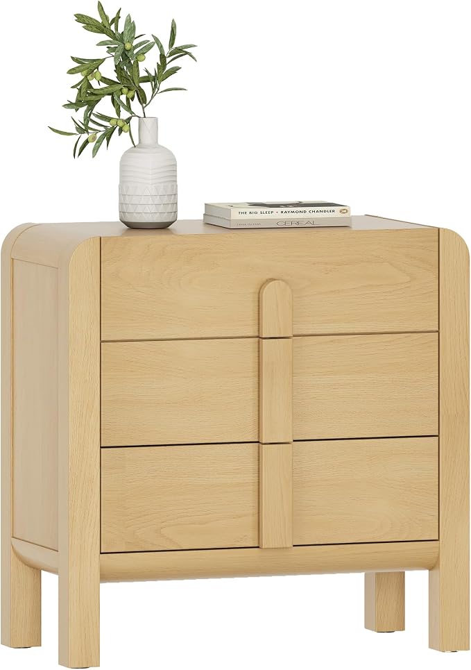 WAMPAT Large 3 Drawer Nightstand, 31.5" Tall Wooden Bedside Table with Curved Design, Modern Oak Nightstand with Storage, Wider Side Table End Table for Bedroom by WAMPAT