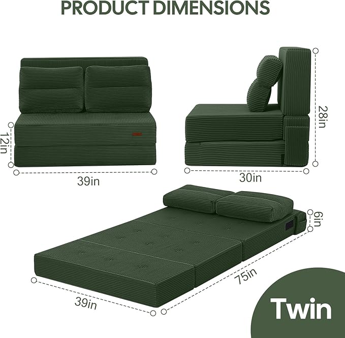 COMAX Folding Sofa Bed, Foldable Couch for Bedroom, Convertible Floor Sleeper Futon Chair Foam, Corduroy 3 in 1 Fold Out Chair Portable Comfy Lounge Couch Sofa Bed for Small Space, Twin, Green