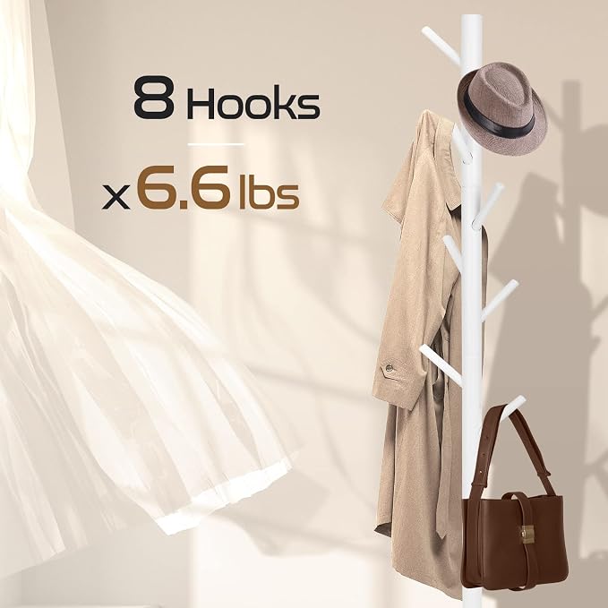 2PCS Solid Wooden Coat Rack Freestanding, New Zealand Pine Coat Tree with 8 Hooks & 3 Adjustable Sizes for Coats, Hats, Handbags and Scarves, Space Saving for Entryway/Office/Bedroom (White) - Image 3