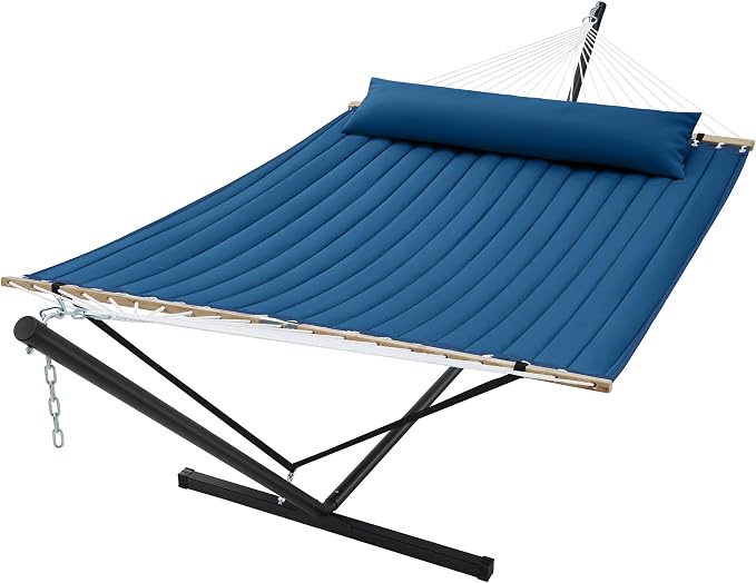 SUPERJARE Hammock with Stand, 2 Person Quilted Outdoor Hammock, Detachable Pillow & Bamboo Spreaders, Portable Hammock with Carrying Bag, Heavy Duty Stand, Perfect for Outside, Patio, Navy Blue by SUPERJARE
