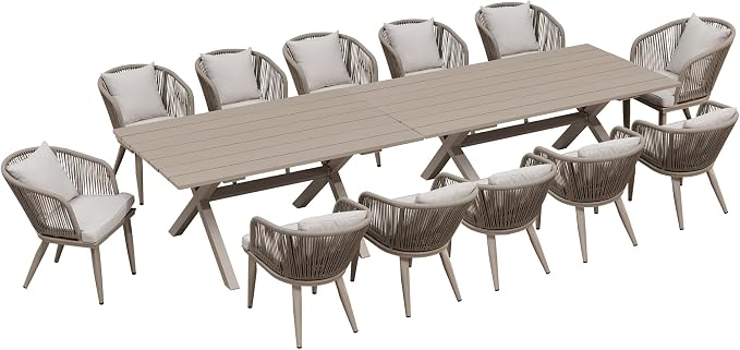PURPLE LEAF 14 Pieces Patio Dining Set Wicker Outdoor Furniture Rectangular Table and Chairs Set for Garden Deck Aluminum Frame Backyard Kitchen Set, Cushions and Pillows Included Champagne by PURPLELEAF