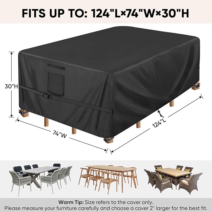 BALEINE Patio Furniture Covers, Outdoor Furniture Covers Waterproof, Heavy Duty Oxford Patio Table Cover for Outdoor Table, Chair, Sofa, Desk (Black 124"L×74"W×30"H) - Image 2