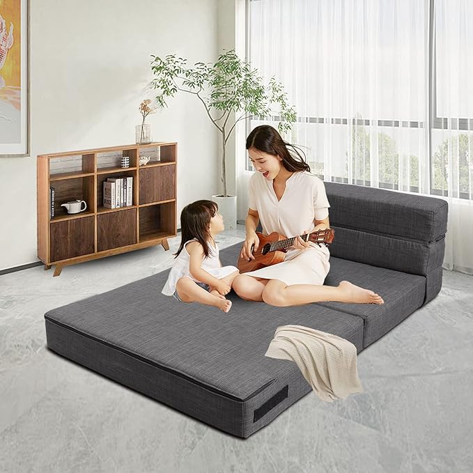 Queen Size Folding Sofa Couch Memory Foam with 2 Pillows Sleeper Chair Lazy Couch Triple Futon Convertible Guest Beds, Washable Cover, Dark Gray