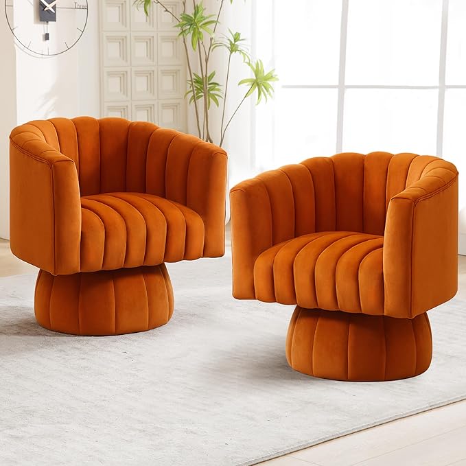 Swivel Accent Barrel Chair, Cute Comfy Small Round 360° Arm Chair, Velvet Sofa Club Reading Chair for Living Room, Bedroom, Office, Orange