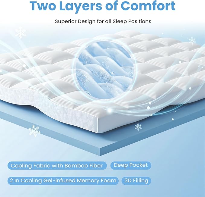 DUMOS Dual Layer Mattress Topper Full Size, 2 Inch Gel Memory Foam + 1 Inch Soft Pillow Top Mattress Pad Cover for Back Pain, Breathable & Cooling Pad with Elastic Deep Pocket