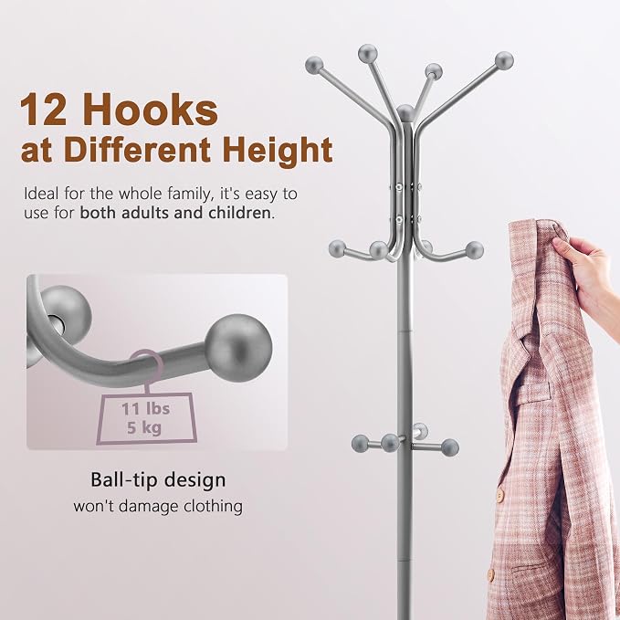 Hoctieon Coat Rack Freestanding With Umbrella Holder, Metal Coat Tree With 12 Hooks, Standing Hanger for Entryway, Hat Rack for Home Office, Gray - Image 4
