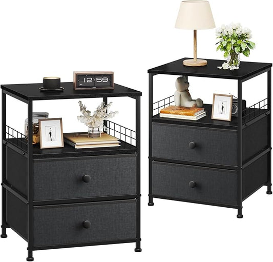EnHomee 17.8" W Night Stand Set of 2, Bedside Table with Fabric Drawers and Open Wood Shelf Storage, Safety Netting on Both Sides of End Table,Night Stand for Bedroom,Closet, Dorm,Black and Gray by EnHomee
