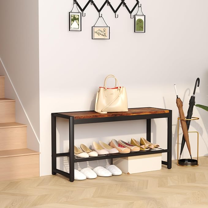 HOMEFORT Shoe Bench, Modern Industrial Shoe Storage Bench, Entryway Bench with Mesh Shelf and Sturdy Metal Frame, Metal Shoe Rack Bench for Hallway, Mudroom, Living Room, Rustic Brown - Image 4