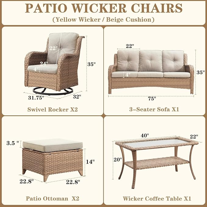 Wicker Patio Furniture Set: 8 Piece Outdoor Conversation Sets with 4 Swivel Rocker Chairs, Patio Couch, Rattan Ottomans and Coffee Table for Porch Balcony Garden, Yellow/Beige