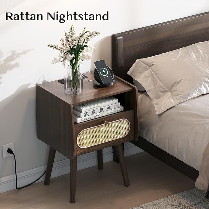Nightstand Set of 2, Rattan Night Stands with Charging Station, Mid Century Modern Bedside Table with Drawer, Boho Dark Brown End Table with Storage, Wood Side Table for Bedroom, Dark Walnut - Image 3