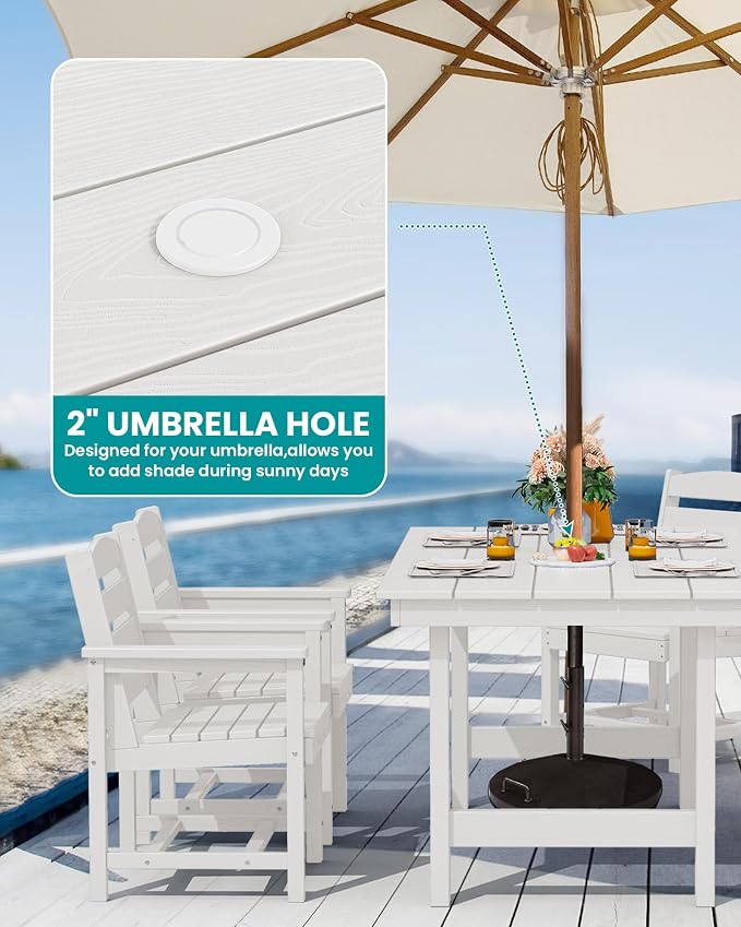 SERWALL 8-Piece Patio Dining Sets with 15FT Double Side Patio Umbrella, Outdoor HDPE Dining Furniture Set with Umbrella Hole Cut-Out Table and 6 Chairs, White（Umbreall Base not Included） - Image 2
