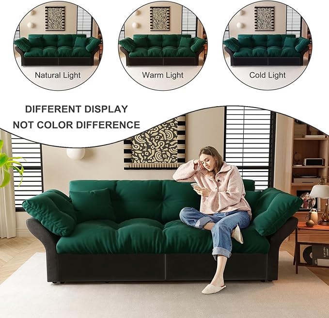74.8" Queen Size Pull Out Sofa Bed, 3-in-1 Convertible Sleeper with 2 Pillows, Tufted Velvet Loveseat for Living Room, Apartment, Bedroom Small Spaces, Green | 3-in-1 Convertible, Pull Out Sofa Bed, Velvet Sofa Bed