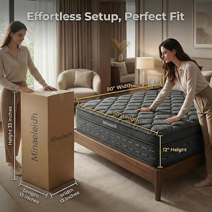 Queen Size Mattress 12 Inch, Medium Firm Boxed Hybrid Mattress, Cooling Gel Memory Foam & Motion Isolation Pocket Coils, 350lbs+ Edge Support, Fiberglass-Free, 365-Night Trial, for Couples, Families