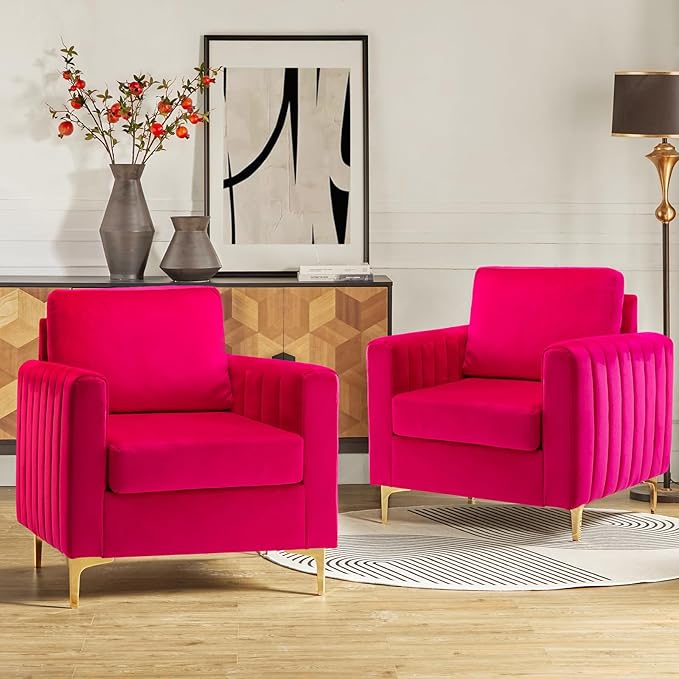 HULALA HOME Velvet Accent Club Chairs Set of 2, Modern Velvet Armchair Upholstered Accent Club Chairs Sofa Chairs with Gold Metal Legs Mid-Century Barrel Leisure Comfy Reading Armchair, Fuchsia