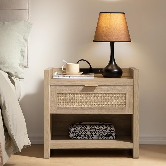 SICOTAS Rattan Nightstand End Table - Boho Night Stand Bedside Table with Type-C Charging Station, Wicker Decor Drawer Storage Cabinet Night Stand for Bedroom - Light Oak - Image 6