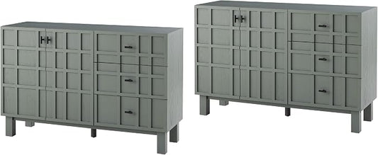 Aoikax Modern Sideboard Buffet Cabinet X 2P with 2 Doors & 3 Drawers, Minimalist Grid Carved Pine Front Storage Cabinet for Living Room, Kitchen, Ash Veneer Top, Metal Legs, Light Green by Aoikax
