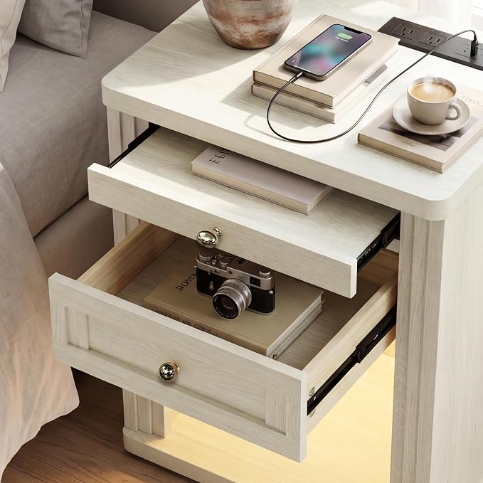 STO'SENSE Nightstand, Narrow Night Stands with Charging Station & Led Light, Wood Nightstand Bedside Table with Drawers & Pull-Out Tray, End Table for Bedroom, White Oak - Image 6