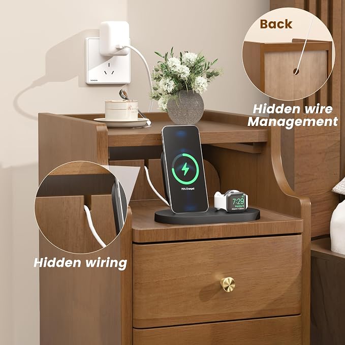 Narrow Nightstand Set of 2, Solid Wood Night Stand with 2 Drawers, Walnut Mid Century Modern Nightstand, Small Bedside Table with Open Storage Shelf for Bedroom (10 Inch) - Image 5