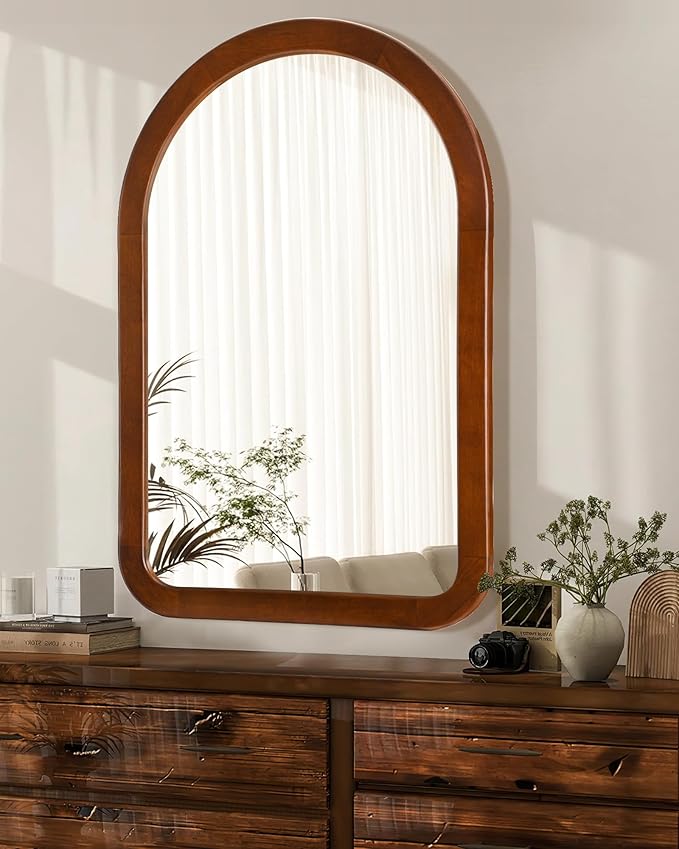 Arched Mirror 24 x 36 Inch,Walnut Brown Wood Rustic Bathroom Tempered Wall Mirror with Wood Frame,Round Corner Arch Farmhouse Wooden Vanity Mirror for Living Room,Entryway or Bedroom - Image 2