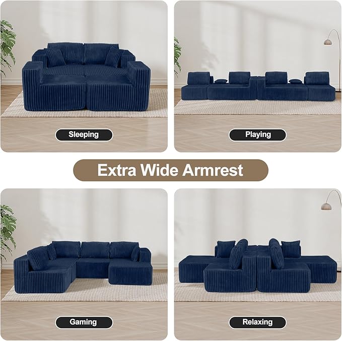 132 Inch U Shaped Modular Sectional Sofa with Dual Chaise, Oversized Corduroy Cloud Couch with Deep Seat, Boneless Modern Sofa for Living Room, No Assembly Required, Blue