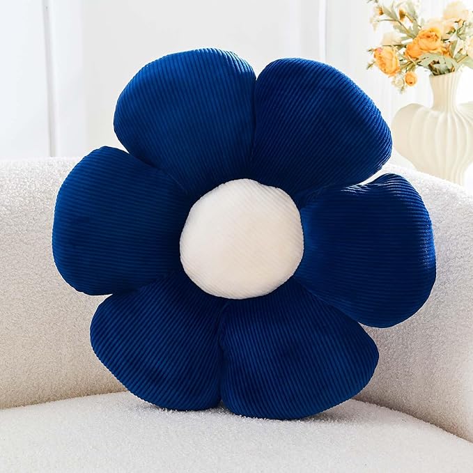 Kcvvcr Navy Flower Pillow, 19.6" Cute Flower Shaped Floor Pillow, Aesthetic Floral Plush Daisy Decorative Throw Pillows for Bed Sofa Couch