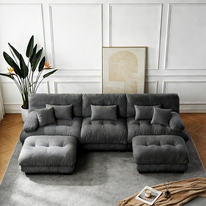 133.8" U-Shaped Cloud Couch, Oversized Modular Sectional Sofa, Deep Seat Cloud Boneless Couch, 3-Seat Modular Sectional Sofa with 2 Ottoman or Living Room,Bedroom and Apartment, Gray