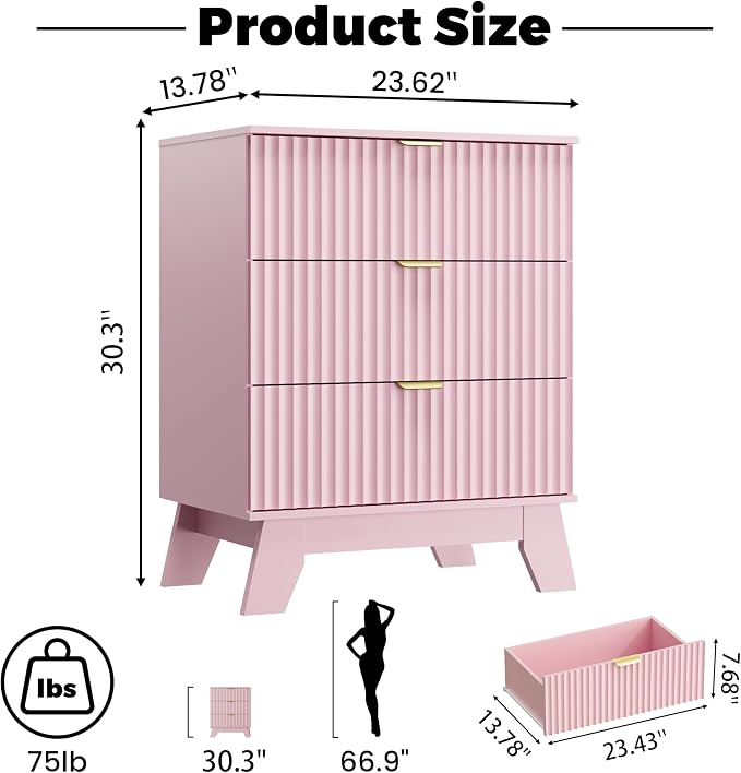 Wodeer Pink Night Stand with 3 Drawers, Bedside Table & End Table, 24" Wide Mid Century Modern Fluted Wood Nightstand with Metal Handles, Farmhouse Night Stands for Bedroom - Image 2