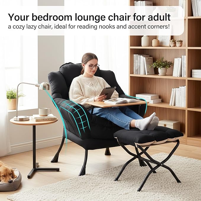 Lazy Chair with Ottoman, Modern Accent Chair with Lumbar Pillow, Velvet Black Sofa, Armchairs with Folding Footrest, Oversized Supportive Chairs for Bedroom, Reading