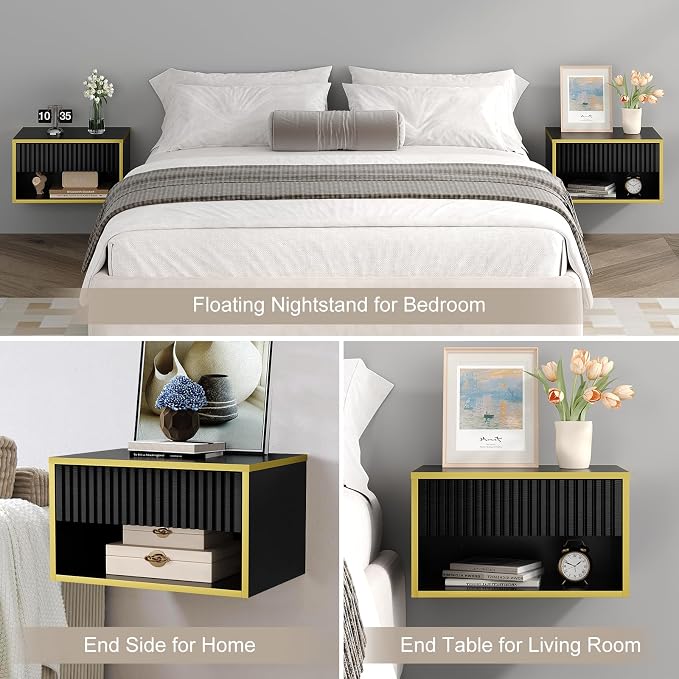 4ever2buy Floating Nightstand, Modern Night Stand with Drawer, Small Bedside Table End Table with Open Shelf Cubby, Wall Mounted Nightstand for Bedroom, Black and Gold - Image 7