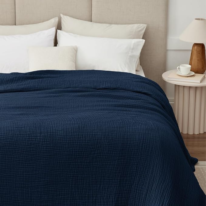 100% Cotton Muslin Blanket King 108" x 90", 6 Layers Breathable and Lightweight Cotton Throw Blanket for Bed, Soft Quilt Bedspread Coverlet, Gauze Blanket for Adults All Season, Navy