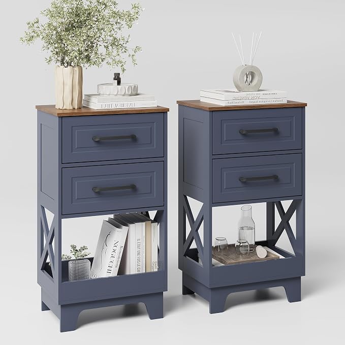 Tall Nightstand Set of 2 Side Table Modern Night Stand with 2 Drawers Wooden Rustic End Table Bedside Table with Upper Open Shelf Solid Feet for Bedroom Navy Blue+Walnut by ZYKZYKHOME