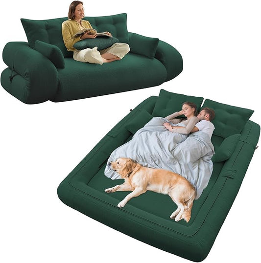 Rovibek 94" x 78" Oversized Floor Sofa with 4 Pillows, 3-in-1 Convertible Sleeper Sofa Bed, Compressed Couch in a Box for Living Room, Apartment, and Guest Roomg, Green