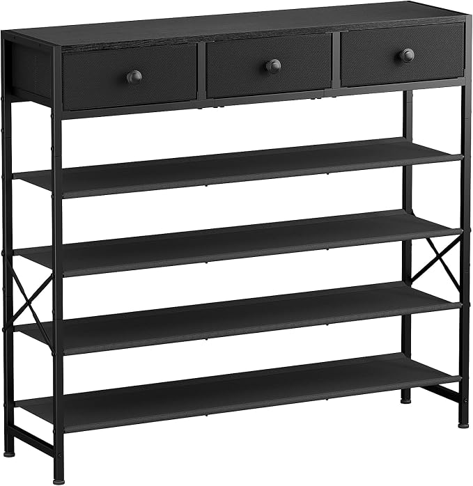 Shoe Rack, 5 Tier Shoe Organizer with 3 Drawers, Metal Shoe Storage for 24-30 Pairs of Shoes with Fabric Shelves and Wooden Top, Narrow Shoe Shelf for Closet Entryway Black by UNITSTAGE