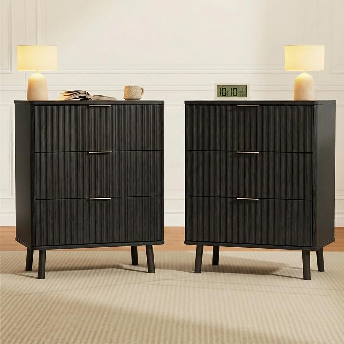 Nightstands Set of 2 Tall Night Stand with 3 Drawers 23.6" Wide, Fluted Wood Bedroom Bed Side Table Living Room End Table with Storage, Mid-Century Modern Black Nightstand Wooden Bedside Table, 2 Pcs by Ludatido