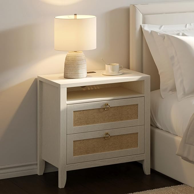 Dowinx 23.6" White Night Stand with Charging Station, 2 Drawers and Storage Shelf, Rattan Nightstands Boho, Bed Side End Tables Dresser for Bedroom, Cream White - Image 9
