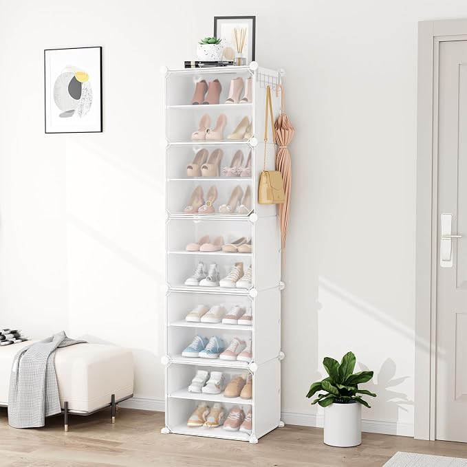 Shoe Rack 10 Tier Shoe Storage Cabinet with Door 20 Pair Tall Shoes Rack Organizer Free Standing Expandable Stable Plastic Easy Assembly Shoes Shelf for Closet Hallway Entryway Bedroom White - Image 2